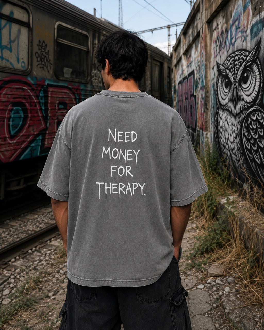 Grey Stone Washed T-Shirt | Need Money For Therapy