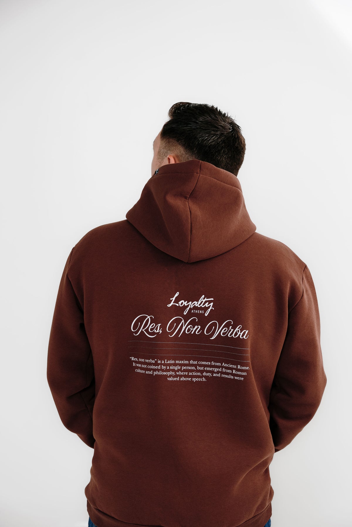 Res, non verba | Brown Hoodie | Loyalty Athens