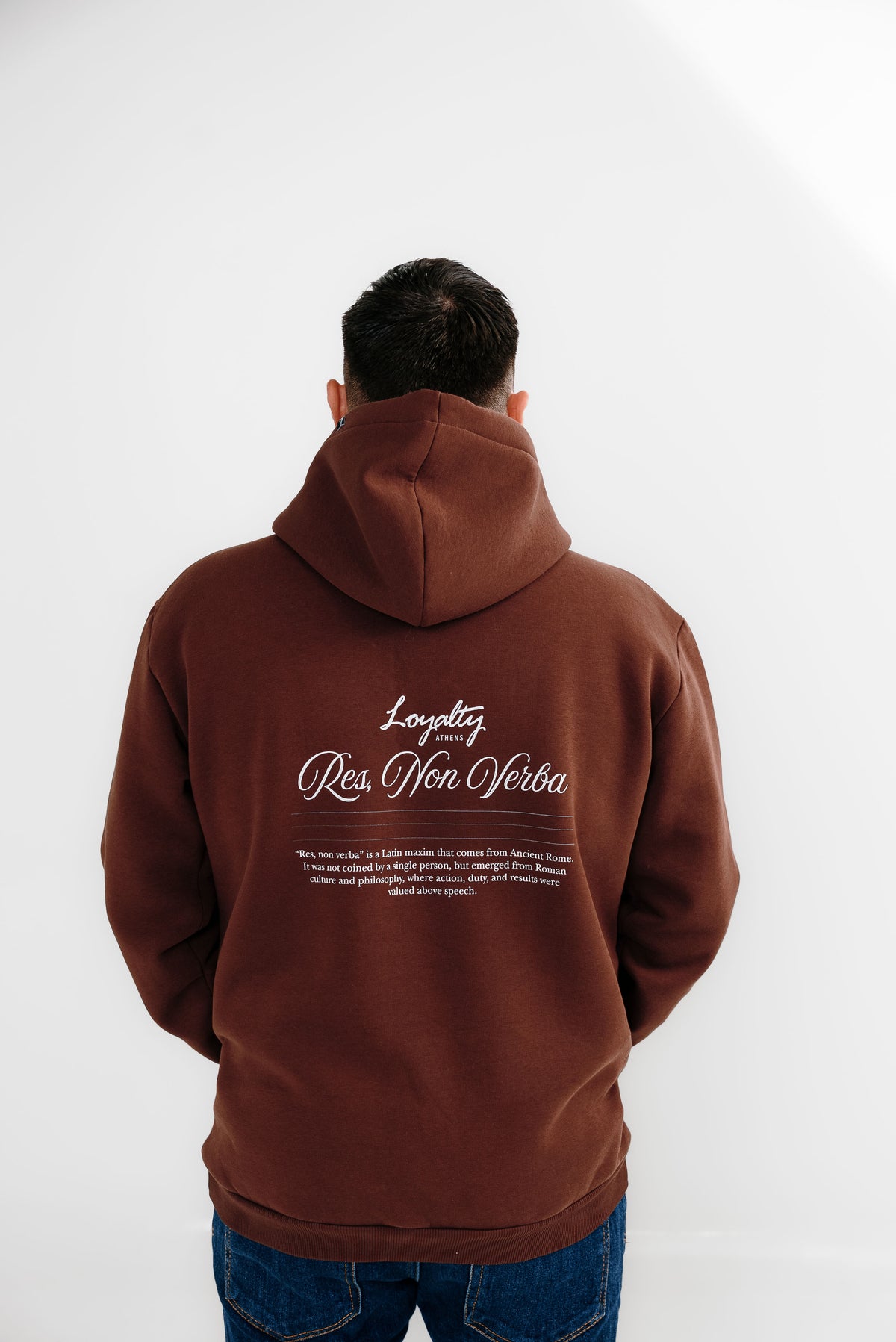 Res, non verba | Brown Hoodie | Loyalty Athens